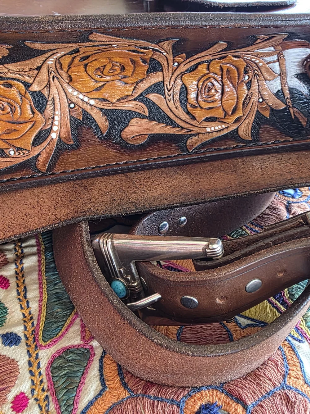 Tooled Brown Leather Crossbody Bag with Floral Rose Design
